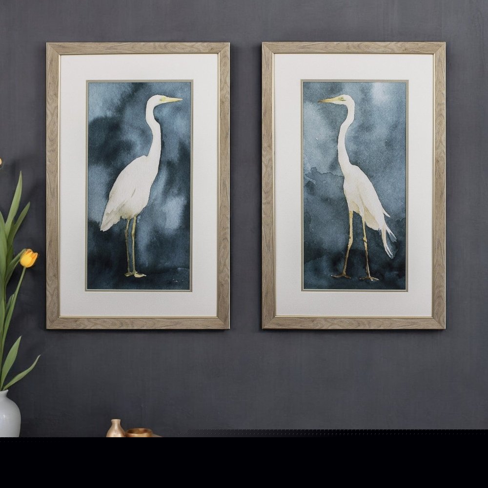 Set of Two Teal Blue Heron Framed Art
