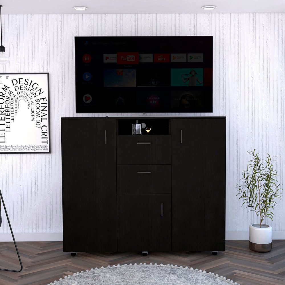 48" Black Wood And Metal Two Drawer Combo Dresser