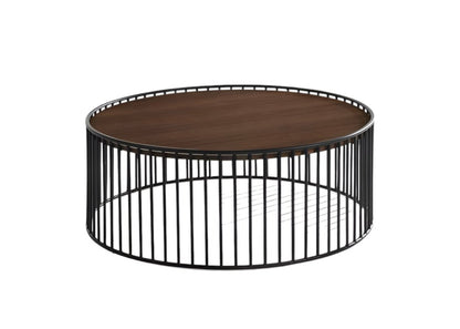 36" Brown and Black Wood And Metal Round Frame Coffee Table