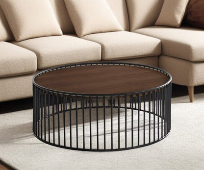 36" Brown and Black Wood And Metal Round Frame Coffee Table