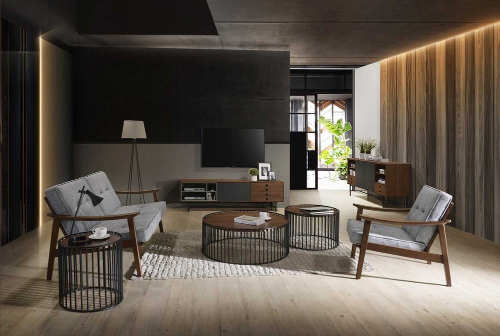 36" Brown and Black Wood And Metal Round Frame Coffee Table