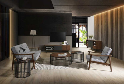 36" Brown and Black Wood And Metal Round Frame Coffee Table