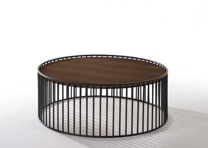 36" Brown and Black Wood And Metal Round Frame Coffee Table