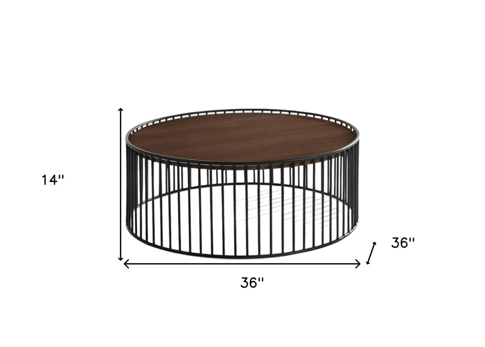 36" Brown and Black Wood And Metal Round Frame Coffee Table