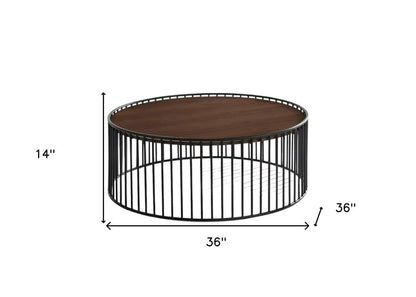 36" Brown and Black Wood And Metal Round Frame Coffee Table