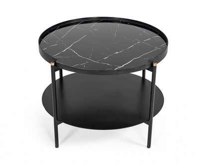 24" Black Faux Marble And Metal Round Coffee Table With Shelf
