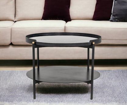 24" Black Faux Marble And Metal Round Coffee Table With Shelf