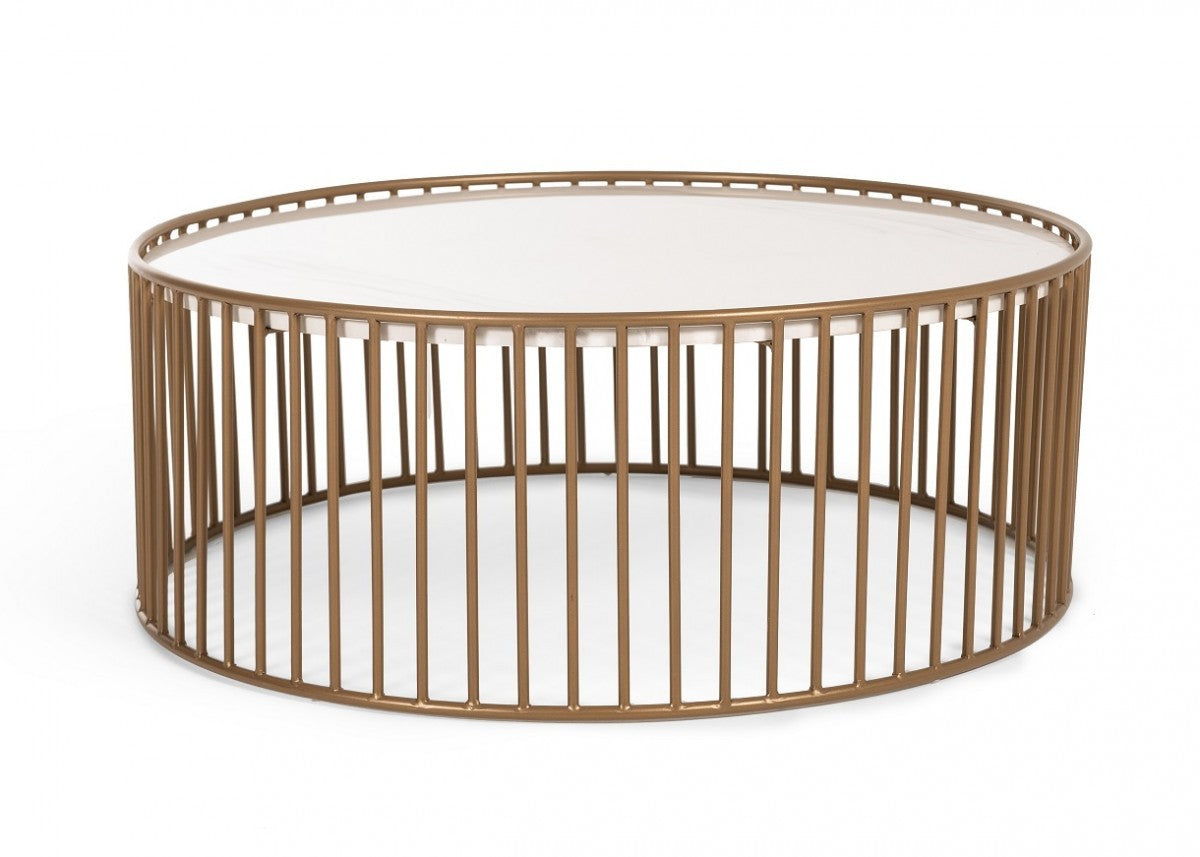 37" White and Gold Faux Marble And Metal Round Frame Coffee Table
