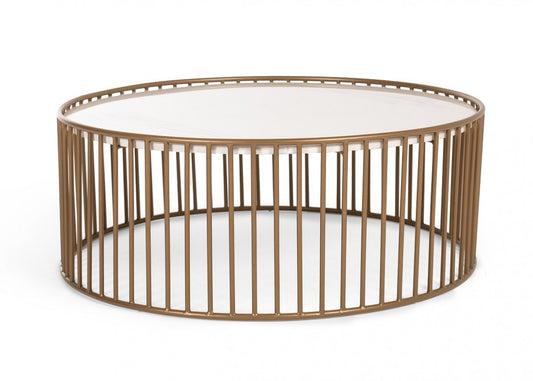 37" White and Gold Faux Marble And Metal Round Frame Coffee Table