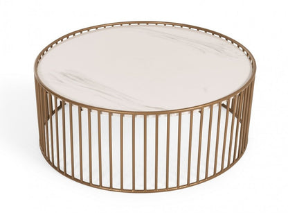 37" White and Gold Faux Marble And Metal Round Frame Coffee Table