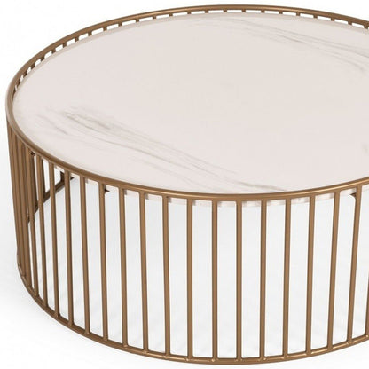 37" White and Gold Faux Marble And Metal Round Frame Coffee Table