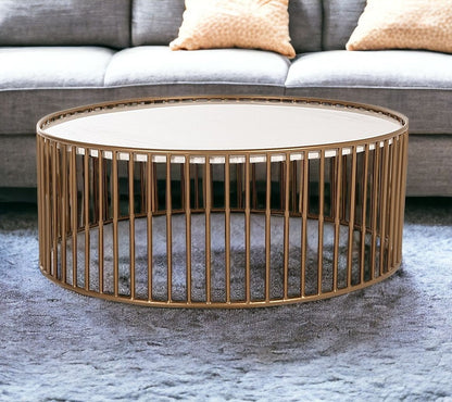 37" White and Gold Faux Marble And Metal Round Frame Coffee Table
