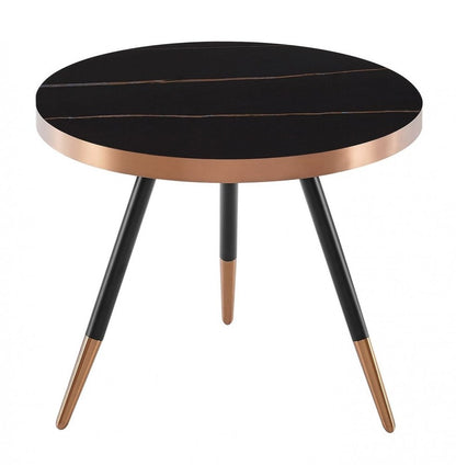 20" Black and Gold Faux Marble And Metal Round Coffee Table