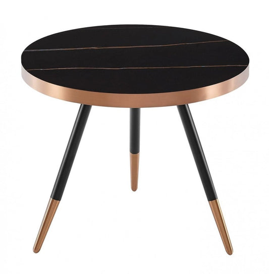 20" Black and Gold Faux Marble And Metal Round Coffee Table