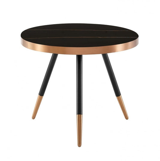 20" Black and Gold Faux Marble And Metal Round Coffee Table