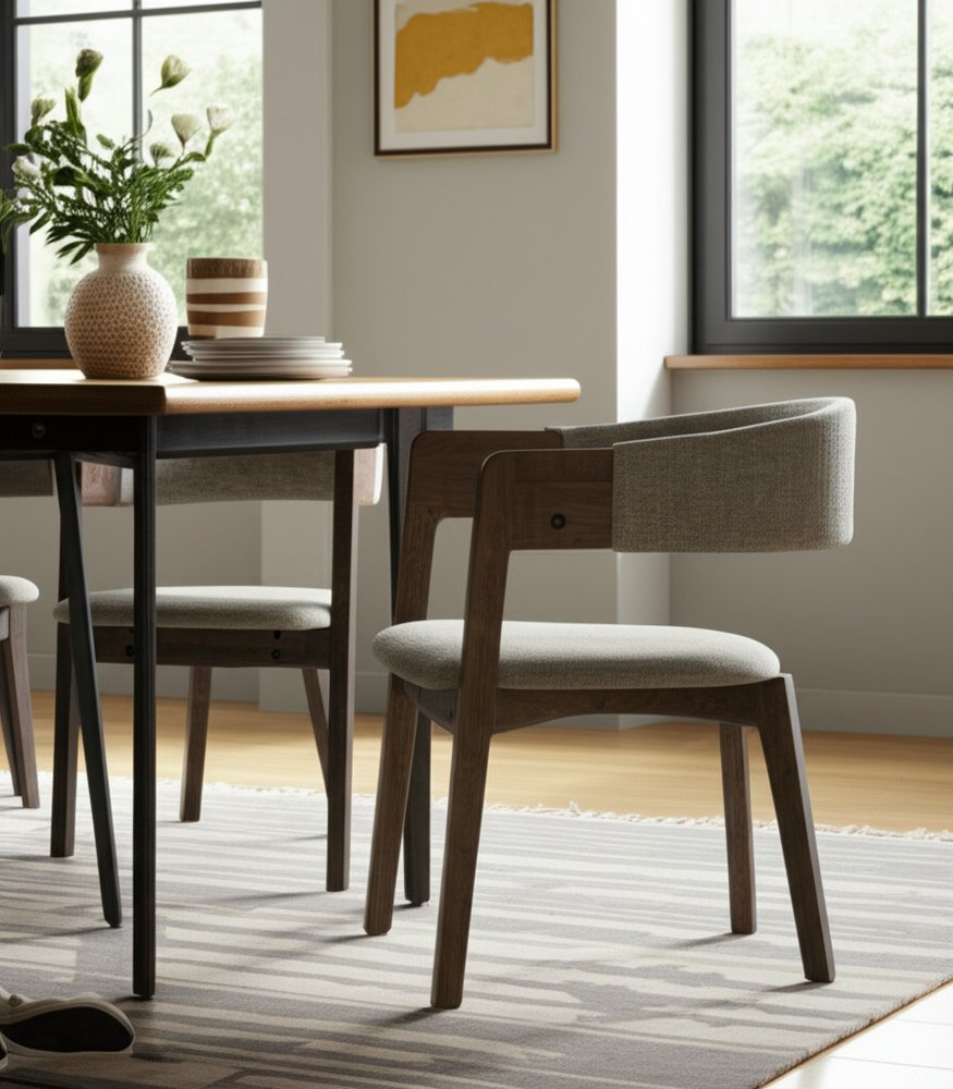 Set of Two Gray and Brown Upholstered Fabric Dining Arm Chairs