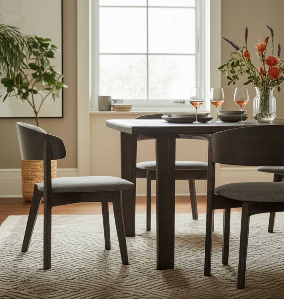 Set of Two Gray and Brown Upholstered Fabric Dining Arm Chairs