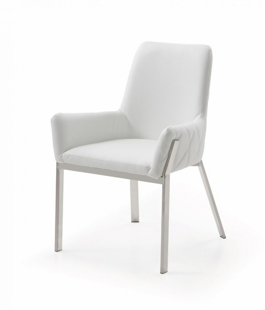 White and Silver Upholstered Faux Leather Dining Arm Chair