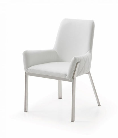 White and Silver Upholstered Faux Leather Dining Arm Chair
