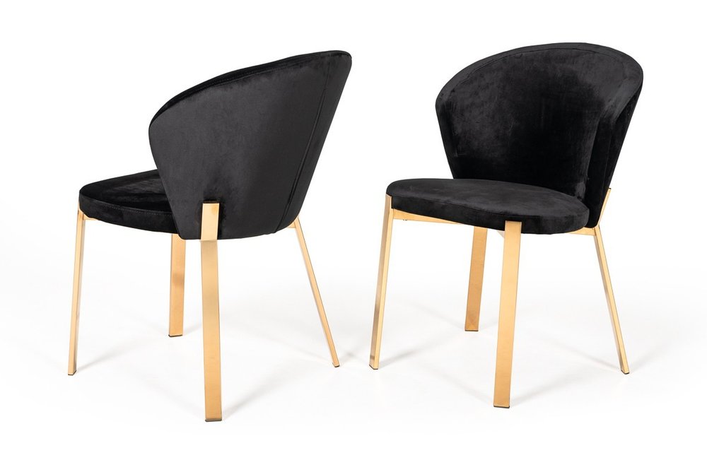 Set of Two Black and Champagne Upholstered Velvet Wing Back Dining Side Chairs