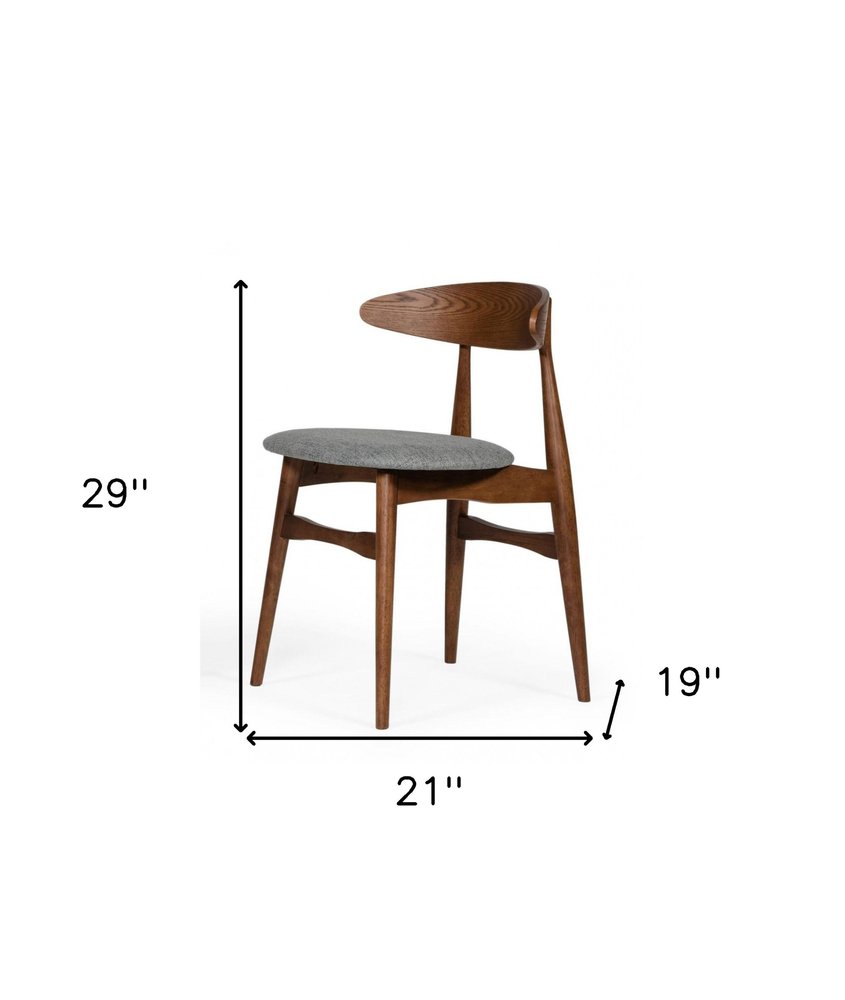 Set of Two Gray and Brown Upholstered Fabric Wishbone Back Dining Side Chairs
