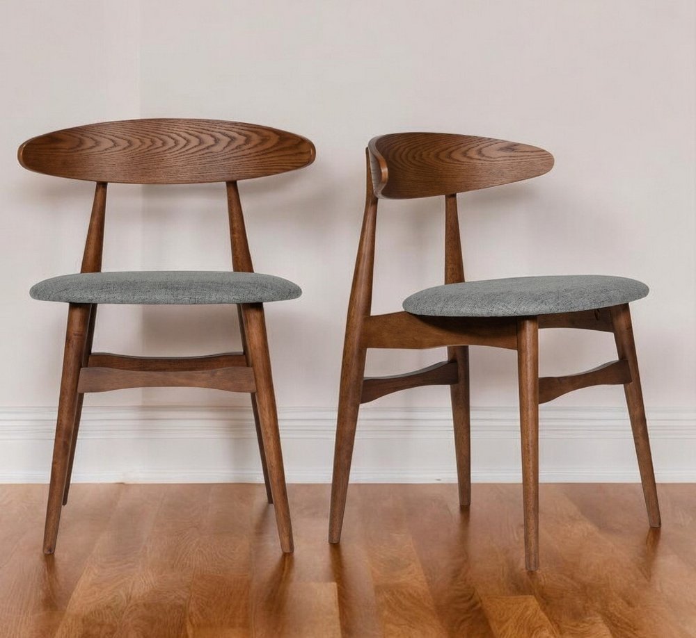 Set of Two Gray and Brown Upholstered Fabric Wishbone Back Dining Side Chairs