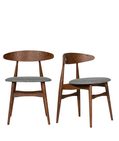 Set of Two Gray and Brown Upholstered Fabric Wishbone Back Dining Side Chairs