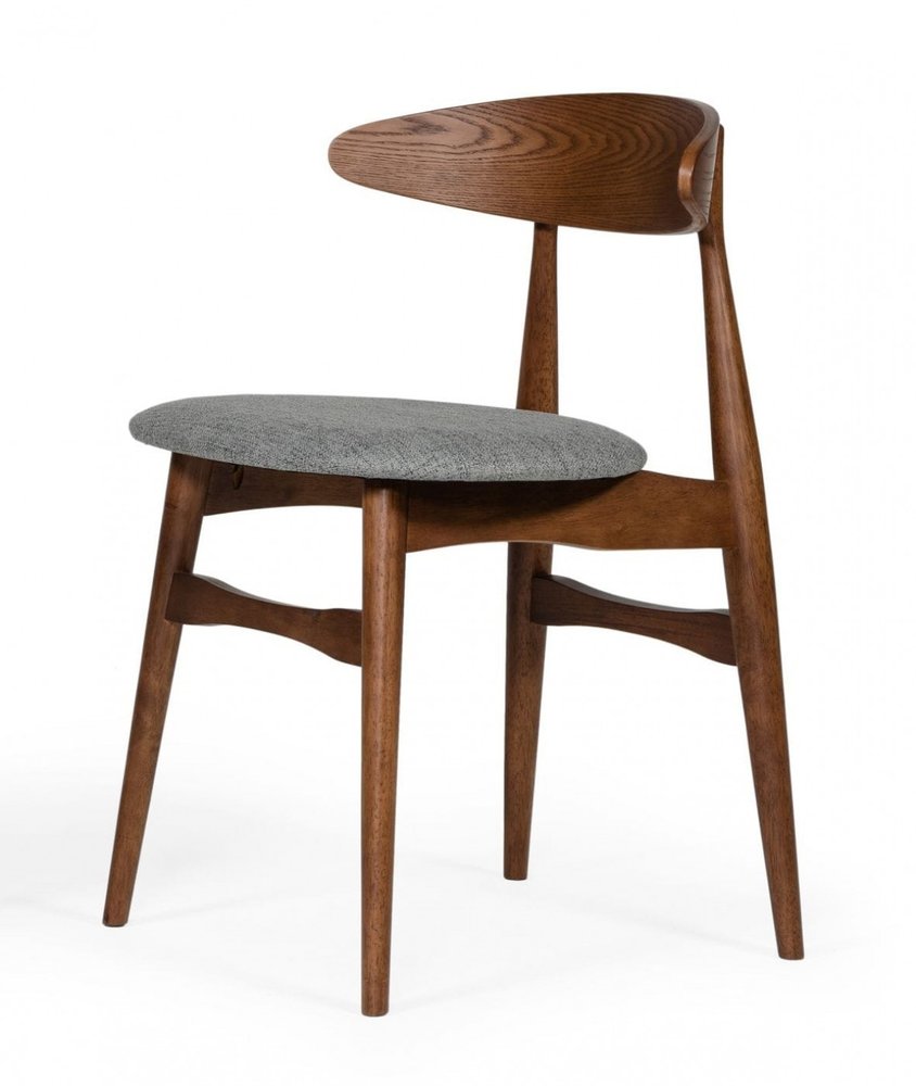 Set of Two Gray and Brown Upholstered Fabric Wishbone Back Dining Side Chairs
