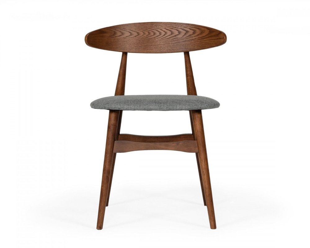 Set of Two Gray and Brown Upholstered Fabric Wishbone Back Dining Side Chairs