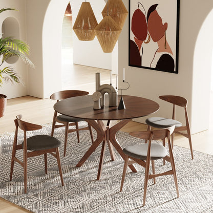 Set of Two Gray and Brown Upholstered Fabric Wishbone Back Dining Side Chairs