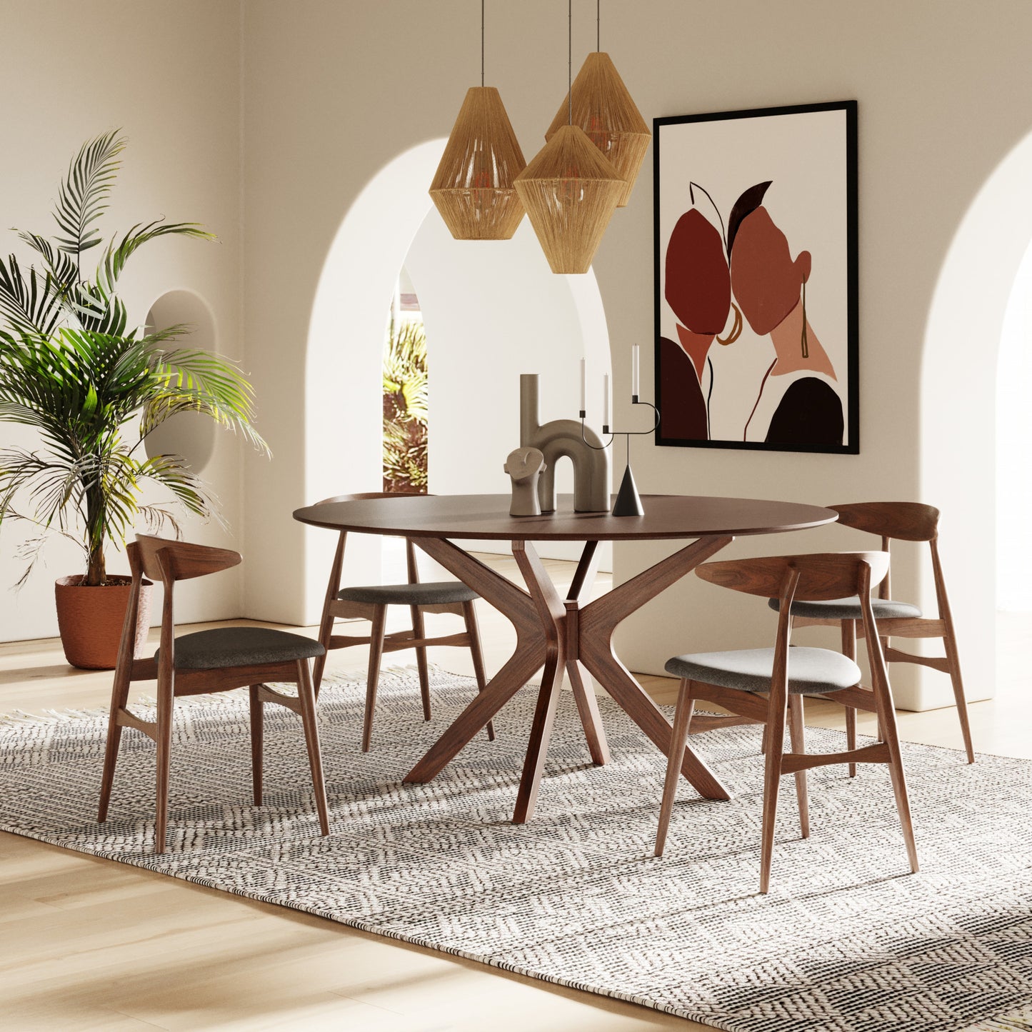 Set of Two Gray and Brown Upholstered Fabric Wishbone Back Dining Side Chairs