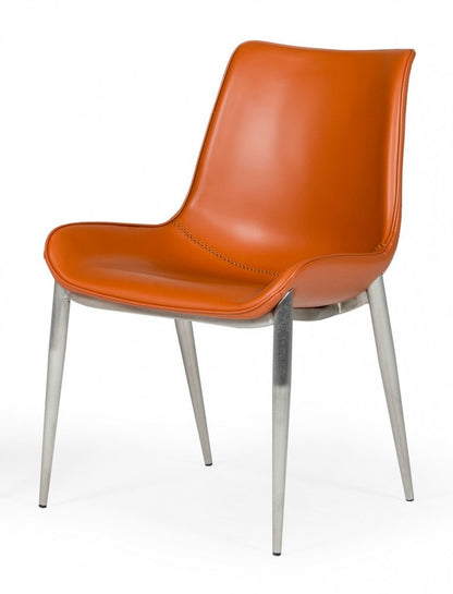 Set of Two Terra Cotta and Silver Upholstered Faux Leather Wing Back Dining Side Chairs