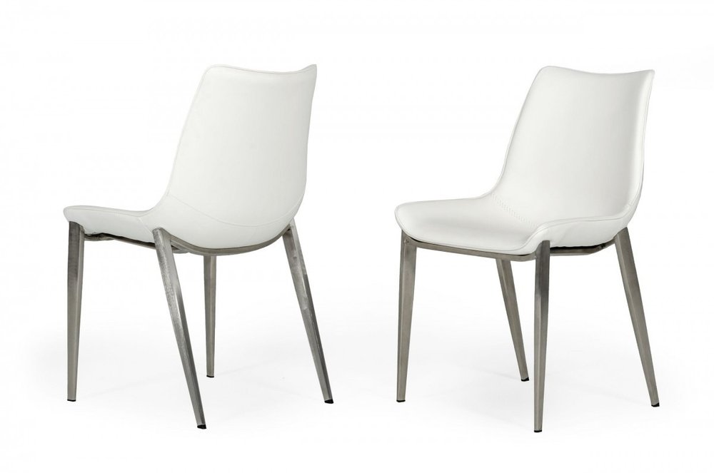 Set of Two White and Silver Upholstered Faux Leather Dining Side Chairs