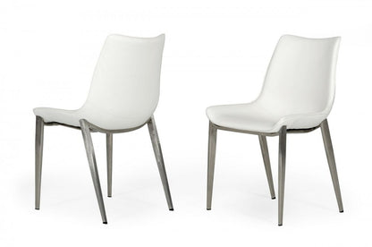 Set of Two White and Silver Upholstered Faux Leather Dining Side Chairs