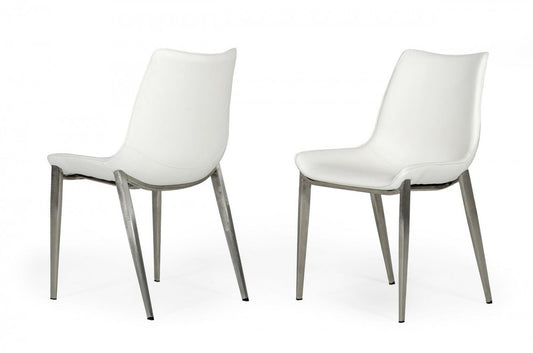 Set of Two White and Silver Upholstered Faux Leather Dining Side Chairs