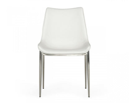 Set of Two White and Silver Upholstered Faux Leather Dining Side Chairs