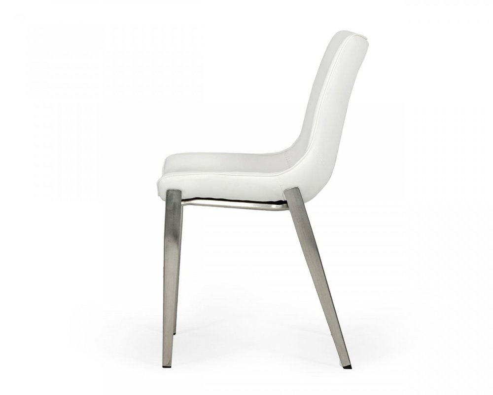 Set of Two White and Silver Upholstered Faux Leather Dining Side Chairs