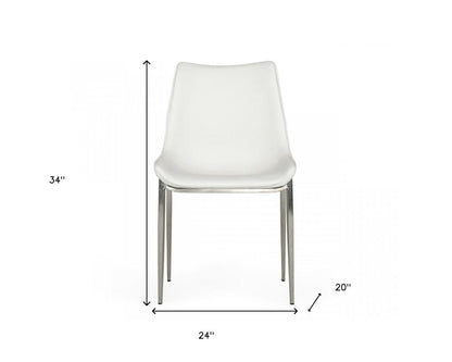 Set of Two White and Silver Upholstered Faux Leather Dining Side Chairs