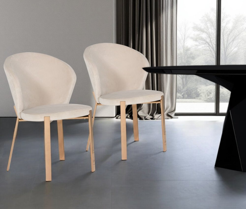 Set of Two Beige and Champagne Upholstered Velvet Wing Back Dining Side Chairs