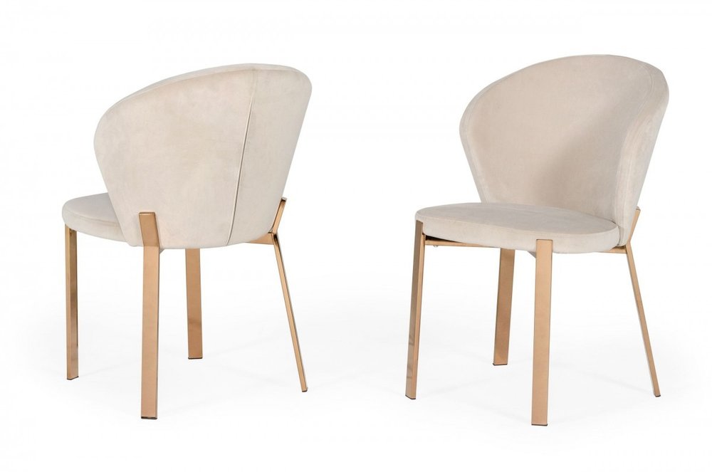 Set of Two Beige and Champagne Upholstered Velvet Wing Back Dining Side Chairs
