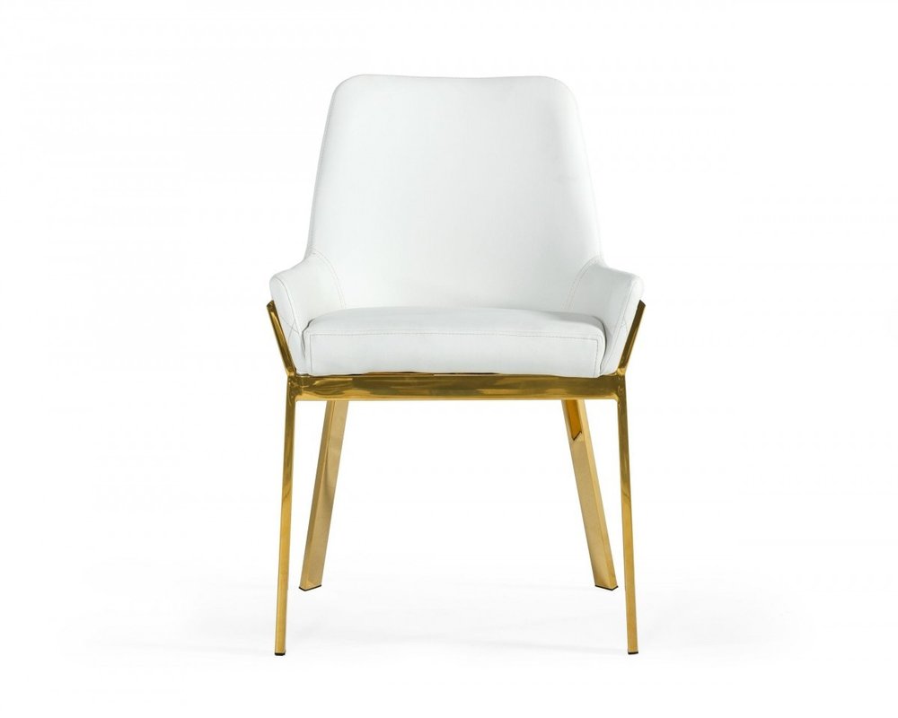 White and Gold Upholstered Faux Leather Dining Arm Chair