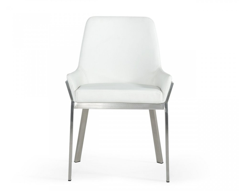 White and Silver Upholstered Faux Leather Dining Arm Chair