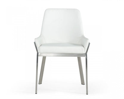 White and Silver Upholstered Faux Leather Dining Arm Chair