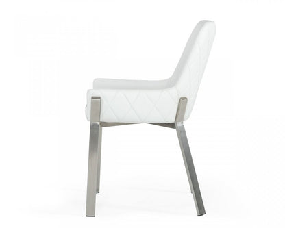 White and Silver Upholstered Faux Leather Dining Arm Chair