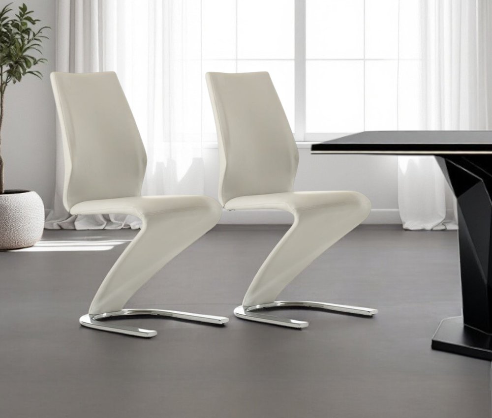 Set of Two White and Silver Upholstered Faux Leather Dining Side Chairs