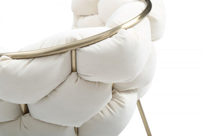 White and Brass Upholstered Fabric Dining Arm Chair