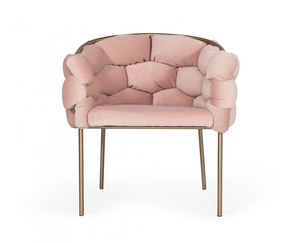 Pink and Brass Upholstered Fabric Dining Arm Chair