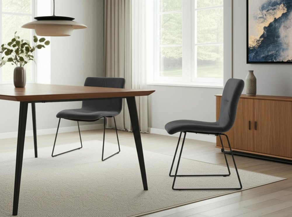 Set of Two Gray and Black Upholstered Fabric Dining Side Chairs