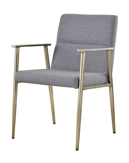 Gray and Antiqued Brass Upholstered Fabric Dining Arm Chair