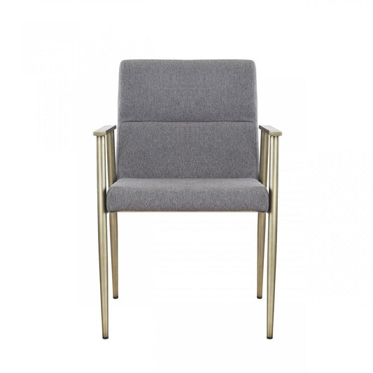 Gray and Antiqued Brass Upholstered Fabric Dining Arm Chair